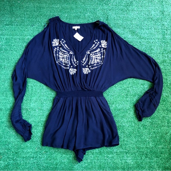 Navy blue cold shoulder long sleeve Romper Embroidered Design Size S - Picture 8 of 9